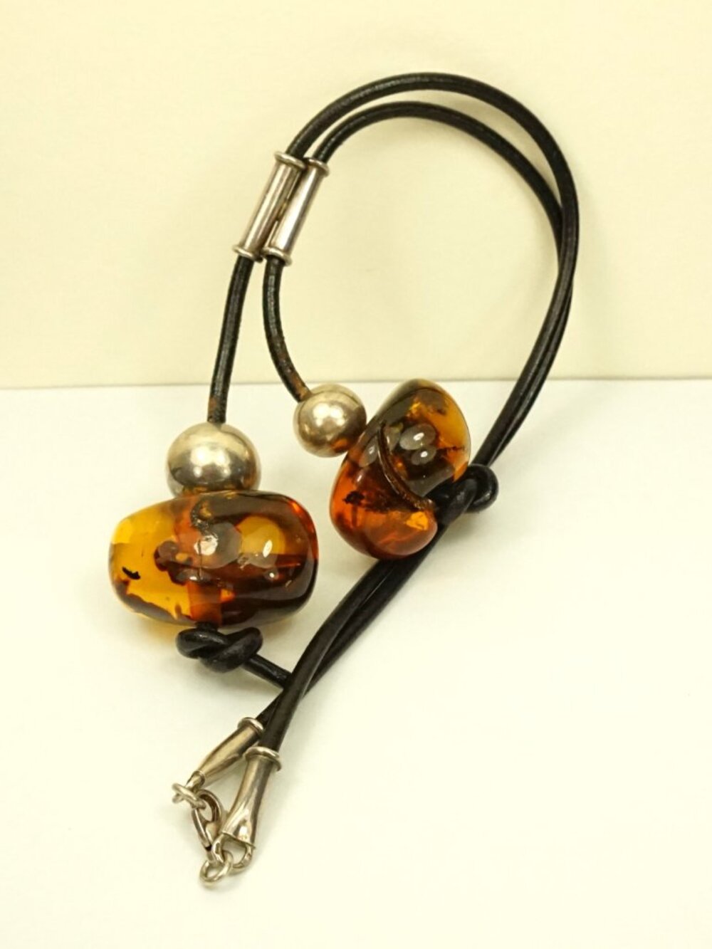 Bold Baltic Amber Necklace By Mariusz Gliwinski: Leather & 925 Silver